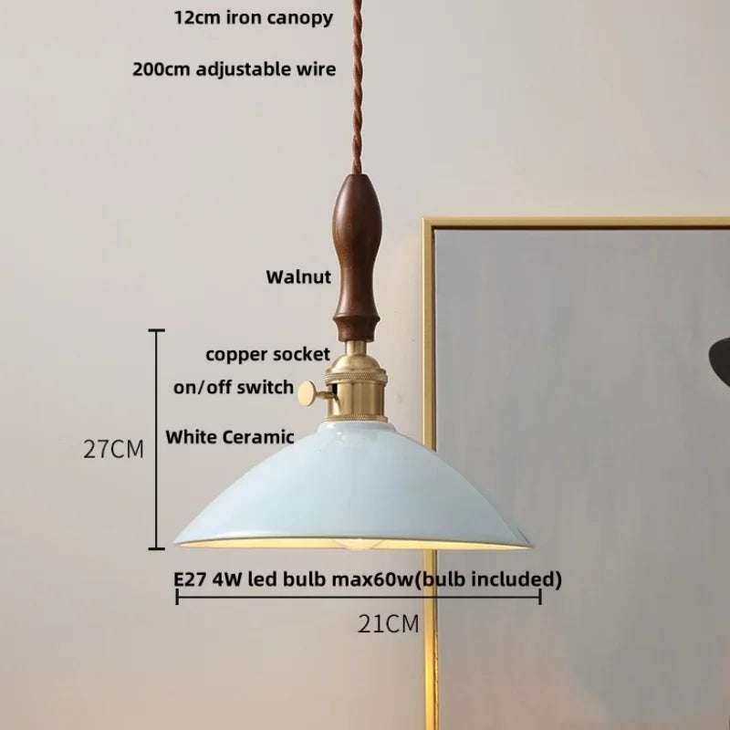 Afralia™ Ceramic Knob Switch LED Pendant Lamp, Nordic Walnut Wood Hanging Light Fixtures for Living Room