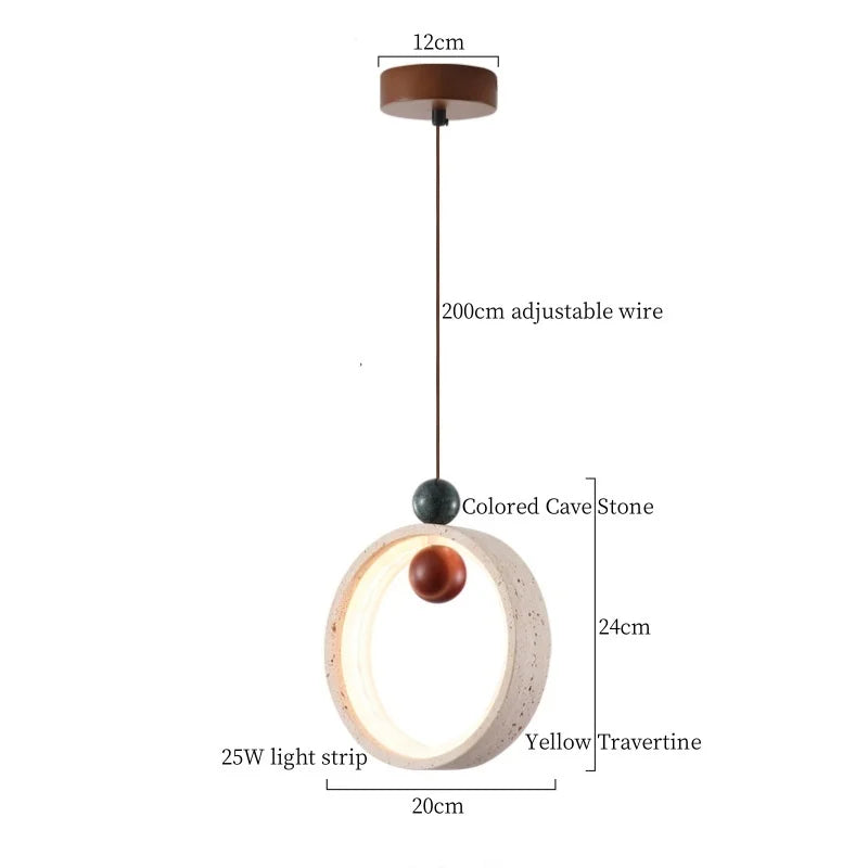 Yellow Travertine Spherical Stone LED Pendant Light for Bedroom Dining Living Room