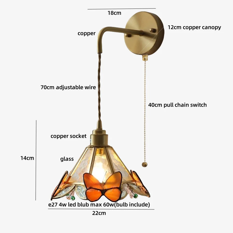 LED Butterfly Glass Wall Lamp Sconce with Pull Chain Switch