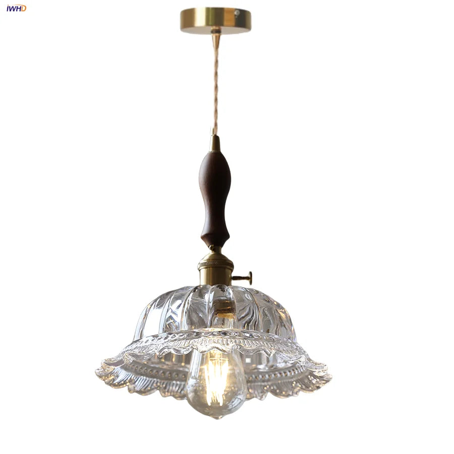 Afralia™ LED Walnut Wood Pendant Light Clear Glass Copper Switch Decor