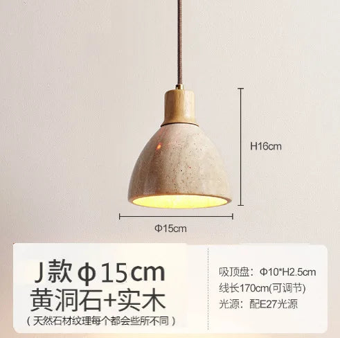 Japanese Wooden Stone Chandelier Pendant Light, Wabi-Sabi Style Yellow Cavity-Stone Lamp
