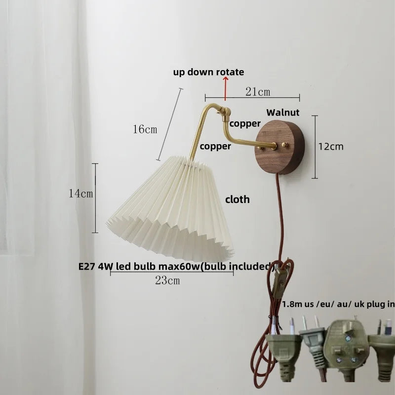 Rotating Copper LED Wall Light with Pull Chain Switch and Walnut Base