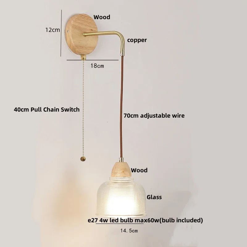 Clear Glass LED Wall Lights with Wood Pull Chain Switch, Modern Art Bedside Lamp