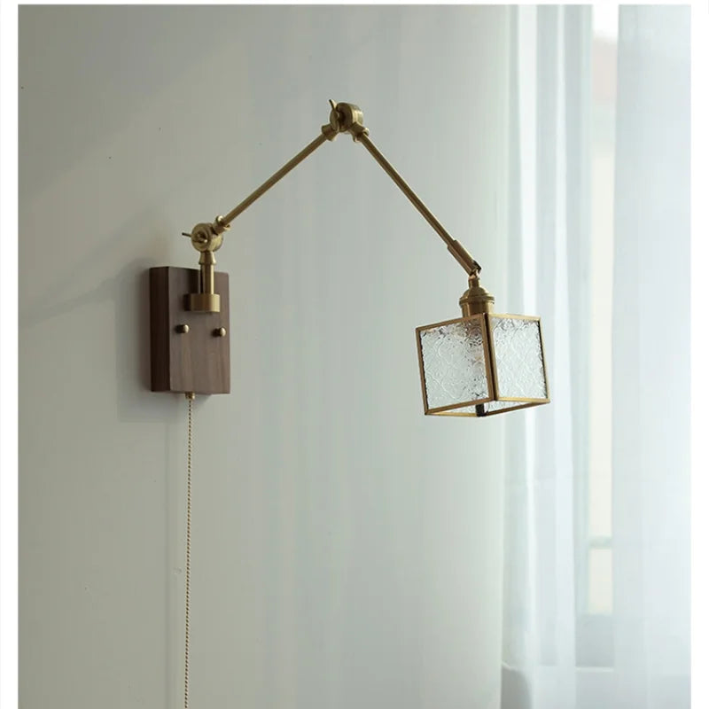 Ash Wood LED Swing Arm Wall Light with Pull Chain Switch & Blue Glass