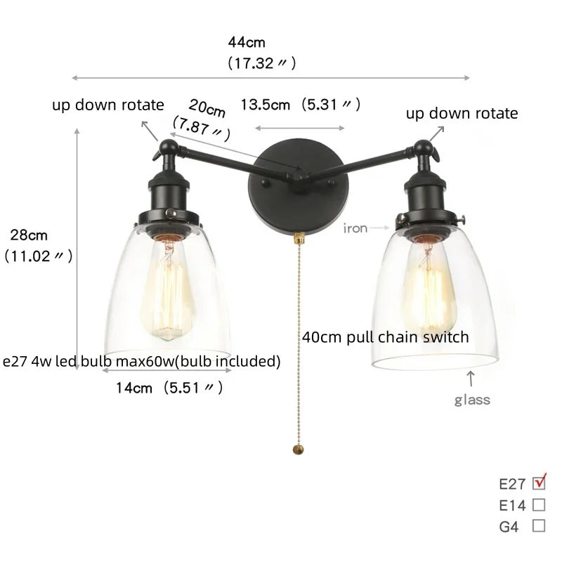 Black LED Wall Sconce 2-Head Lamp for Bedroom Bathroom Mirror