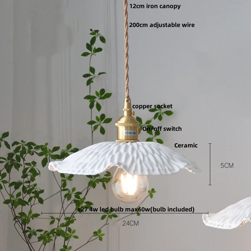 White Ceramic LED Pendant Lamp with Copper Switch - Flower Hanging Light