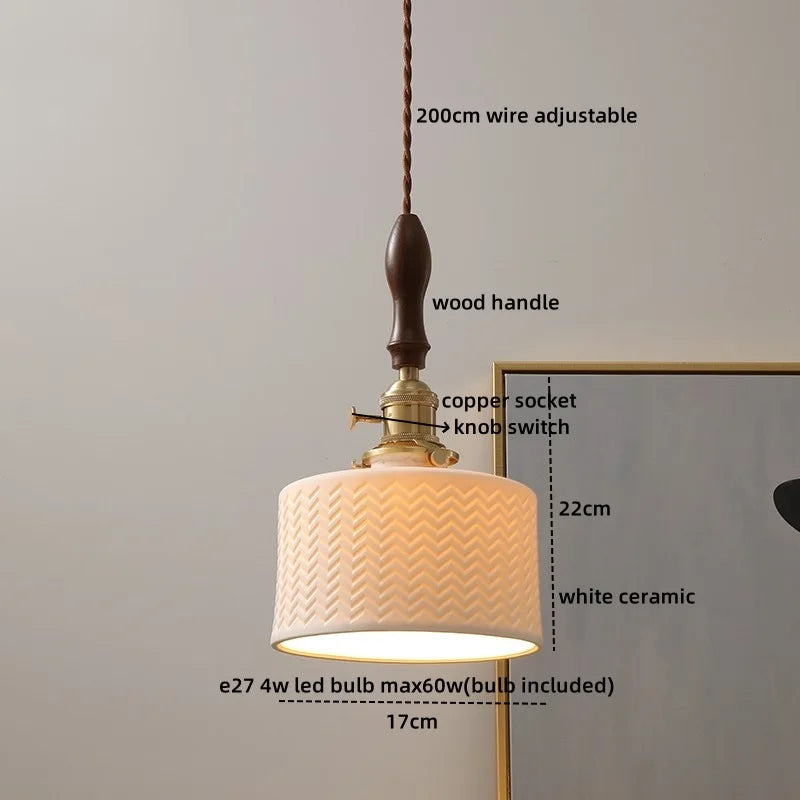 Ceramic Wood Pendant Light - Nordic Modern LED Hanging Lamp for Home Decor