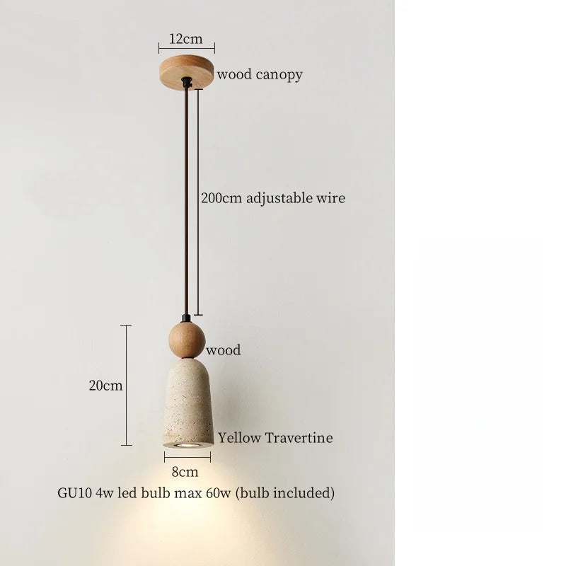 Afralia™ Wood Yellow Travertine LED Pendant Light Hanglamp for Home Decor
