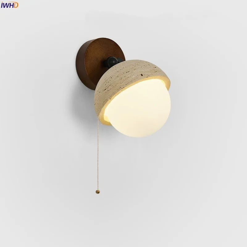 White Glass LED Wall Lamps Pull Chain Yellow Travertine Modern Bathroom Light