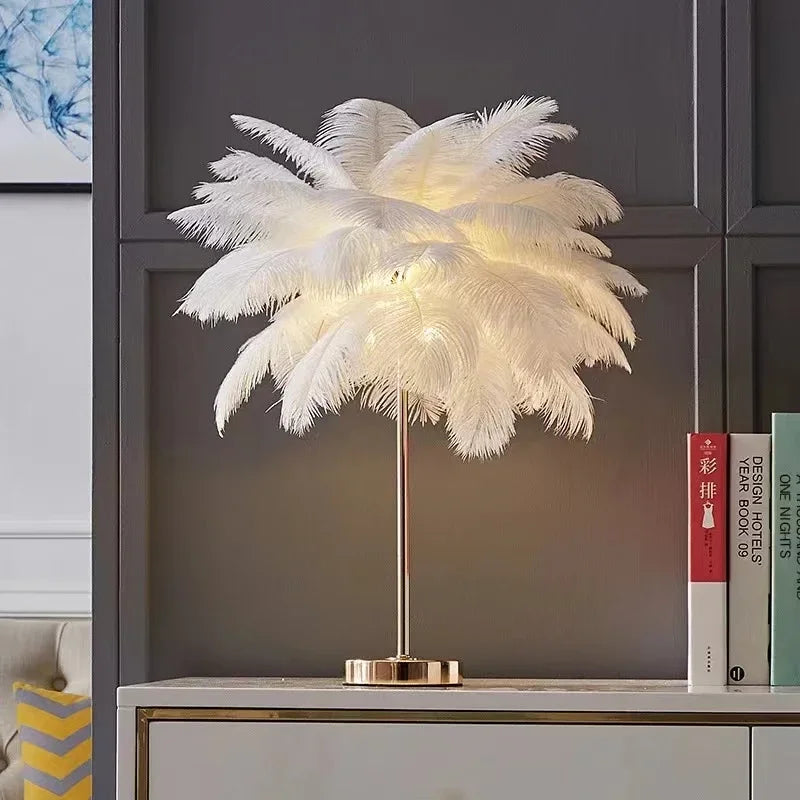 Nordic Ostrich Feather Table Lamp: Romantic Pink White Bedside Wedding Light