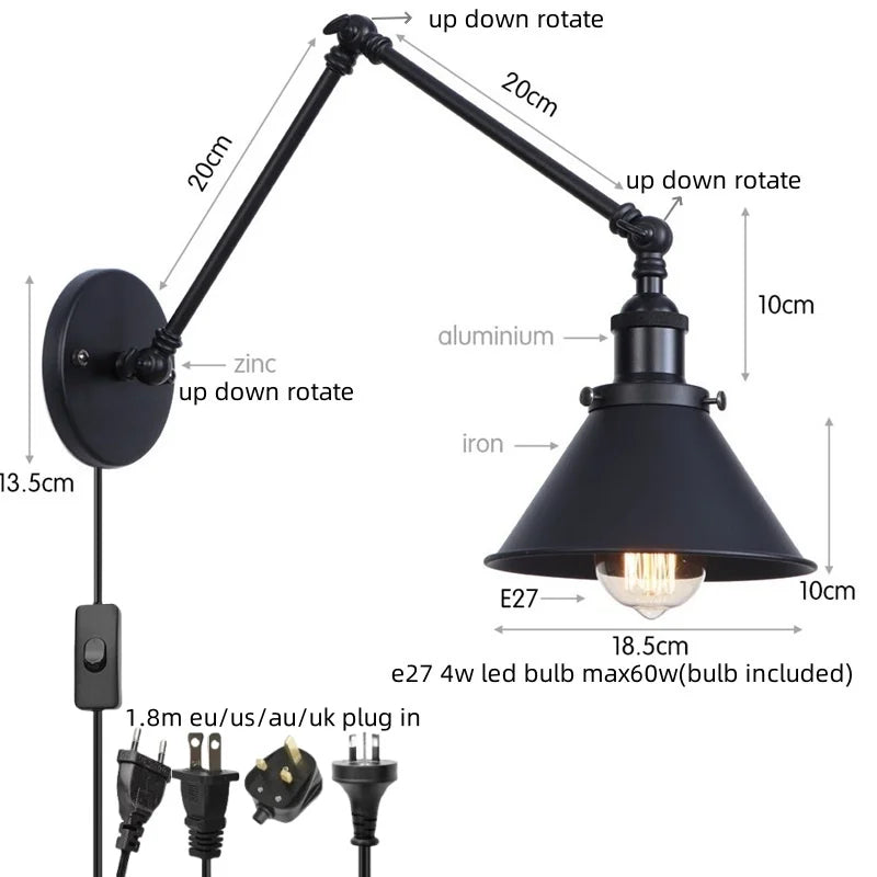 Afralia™ Gold Long Arm LED Wall Sconce with Pull Chain Switch