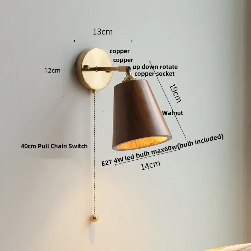 Walnut Wood LED Wall Light Fixture with Pull Chain Switch, Rotating Up Down Design