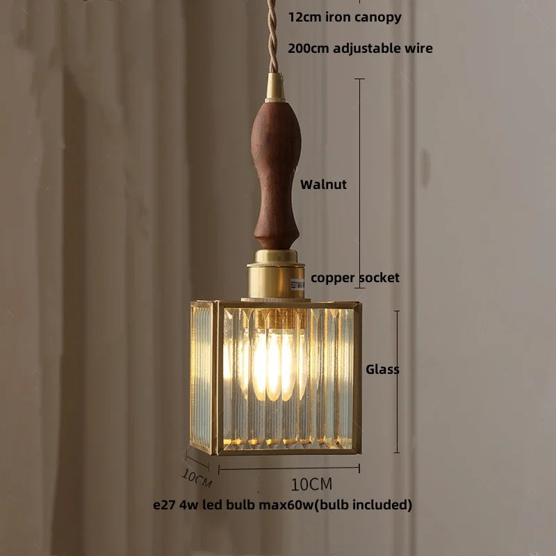 Walnut Wood LED Pendant Lamp with Cyan Glass Shade