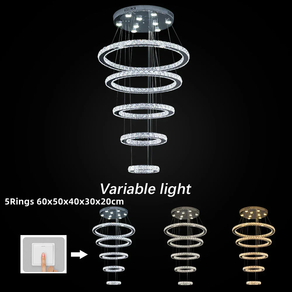 Crystal Chrome LED Pendant Light Rings Chandelier for Living Room Bedroom