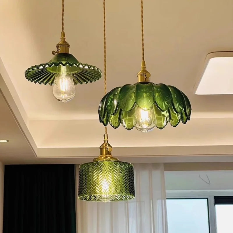 Green Glass LED Pendant Light Fixture - Modern Nordic Hanging Lamp