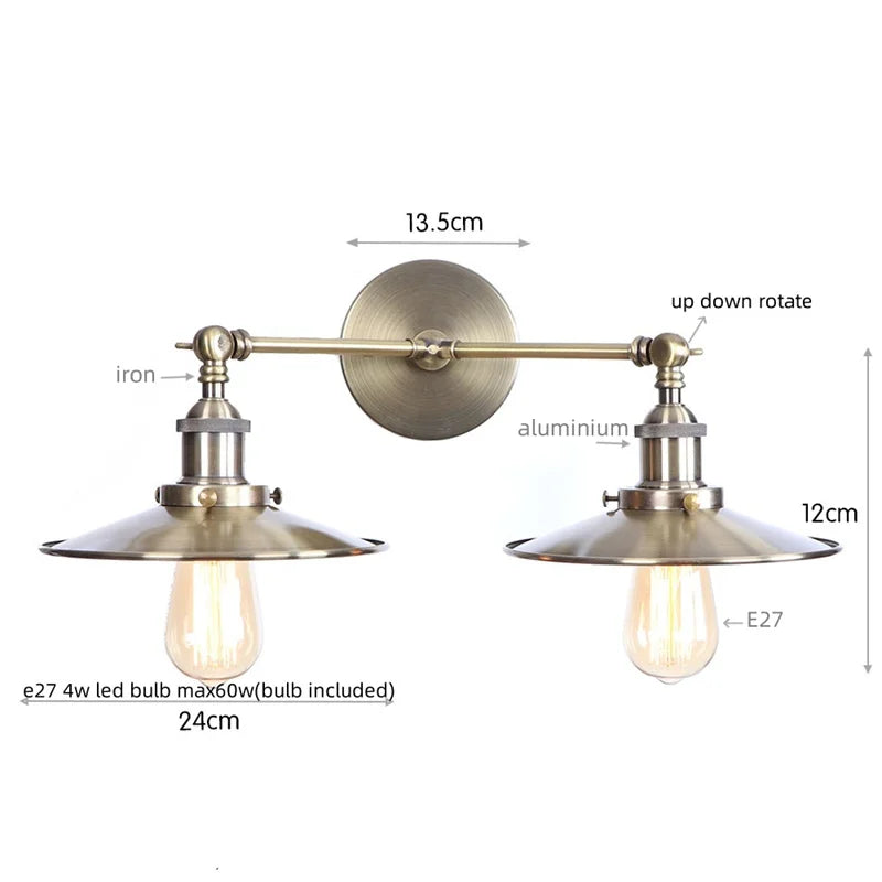 Vintage LED Wall Lamp with Pull Chain Switch, 2 Heads Industrial Sconce