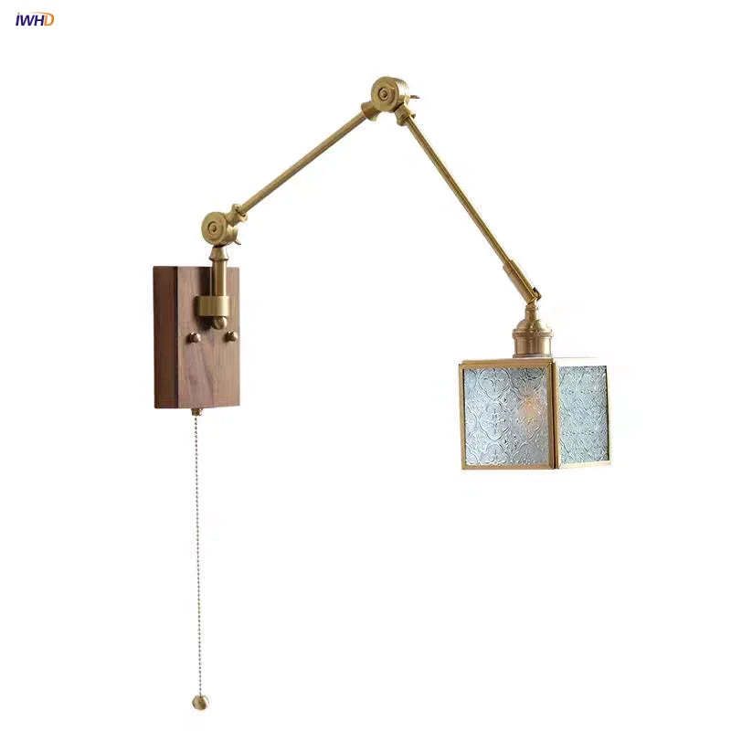 LED Wall Lamp Rotatable Glass Walnut Swing Arms Hallway Stair Light