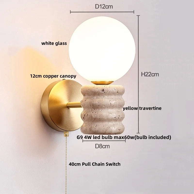 LED Wall Light Fixture Travertine Stone Wood Canopy Bedside Lamp