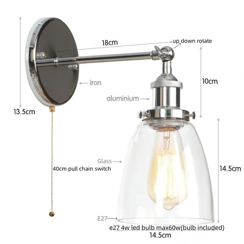Vintage Single Arm LED Wall Lamp Iron Glass Retro Stair Light
