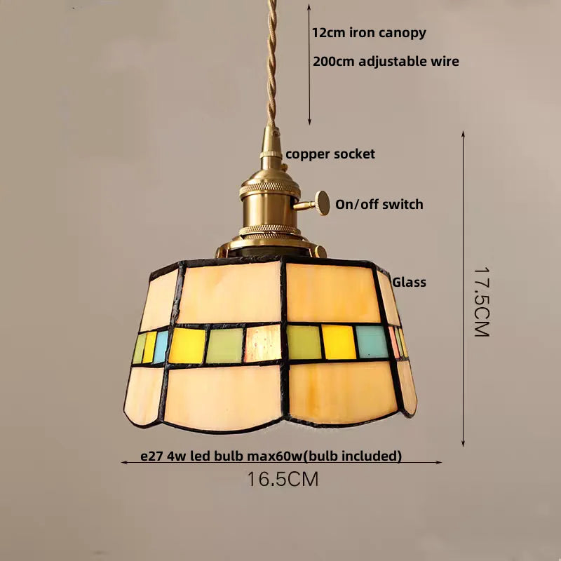 LED Glass & Wood Pendant Lamp Vintage Copper Hanging Lights