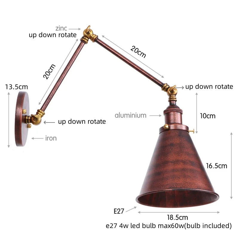 Vintage Iron Gold LED Wall Lamp with Long Arm and Pull Chain Switch