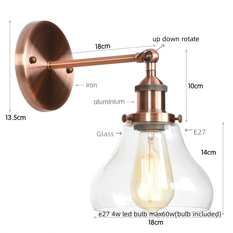 Afralia™ Gold LED Wall Sconces Iron Loft Retro Home Bedroom Lamp
