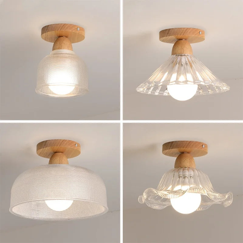 Nordic Wood Glass LED Ceiling Light Modern Indoor Lighting Balcony Corridor Restaurant