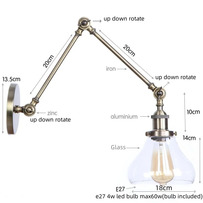 Vintage Industrial LED Wall Light with Clear Glass Shade & Adjustable Long Arm