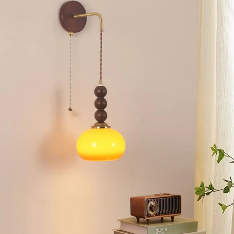 Modern LED Walnut Wood Wall Lights with Glass Shade & Pull Chain Switch