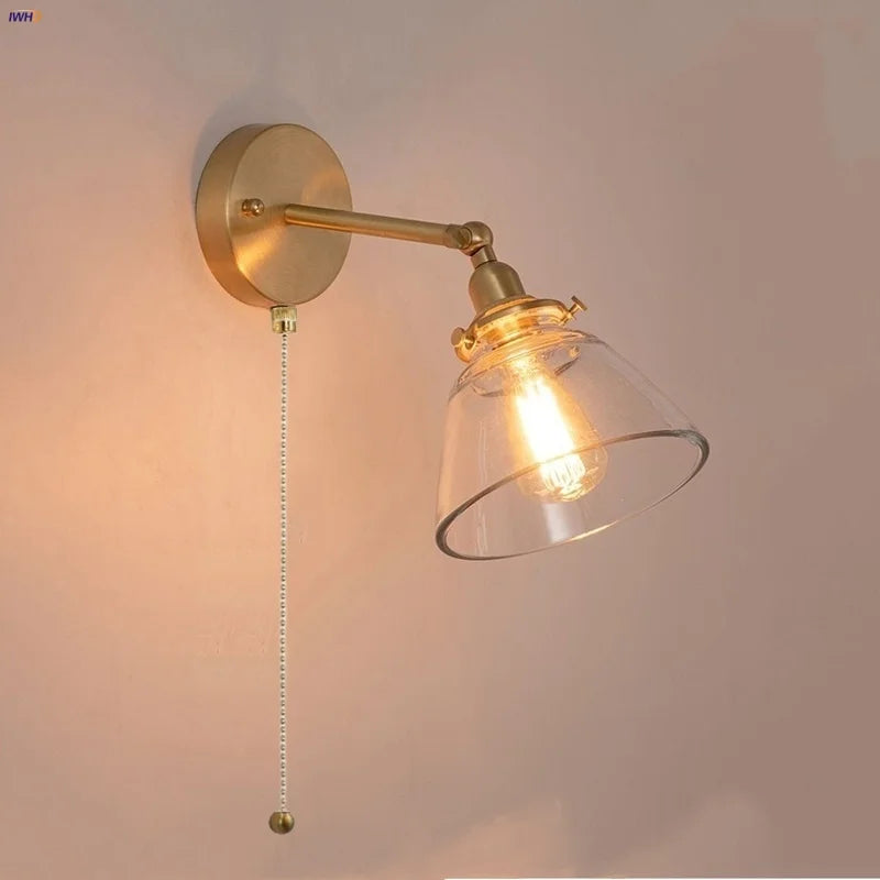 Clear Glass LED Wall Lights Pull Chain Switch Modern Bedside Lamp