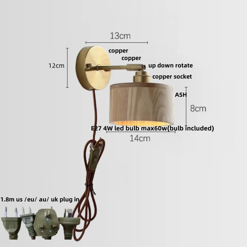 Walnut Wood LED Wall Sconce, Pull Chain Switch, Copper Socket, Bedroom Aisle Hallway