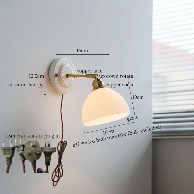 White Glass LED Wall Lights Pull Chain Switch Copper Arm - Bedroom Stair Living Room Mirror Bedside Lamp