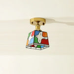 Tiffany Cube Glass LED Ceiling Lamp Copper Canopy Flush Mount Light