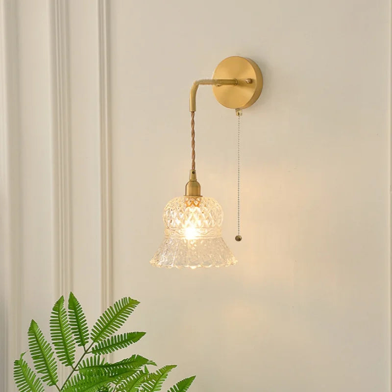 Flower Glass LED Wall Sconce Pull Chain Switch Modern Bathroom Mirror Light
