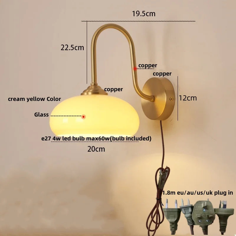 Glass LED Wall Sconce Pull Chain Switch Copper Nordic Stair Light