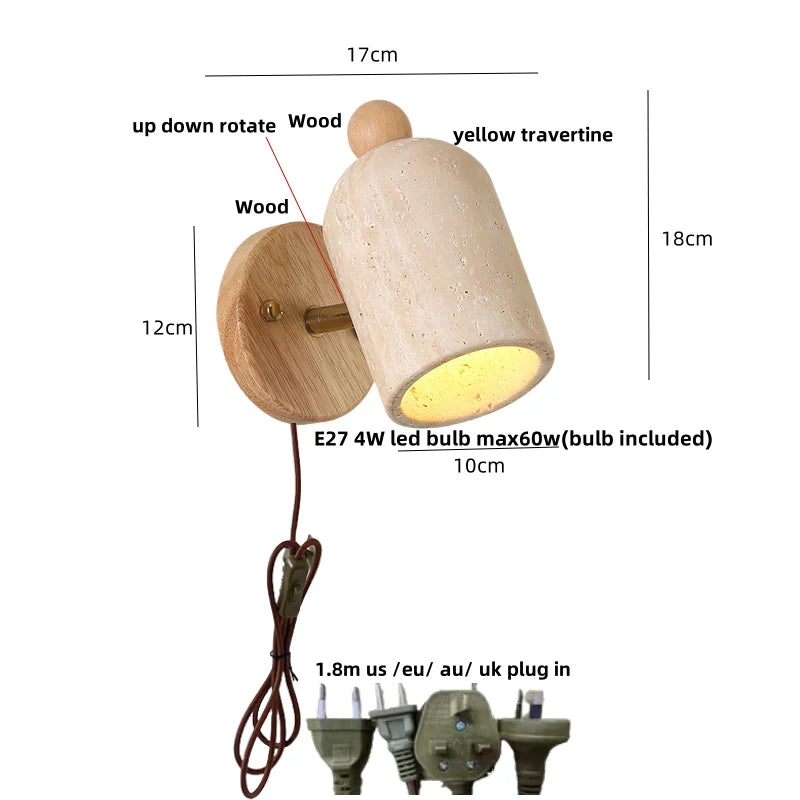 Yellow Travertine Wood Wall Light: Up Down Rotate LED Fixture with Pull Chain Switch.
