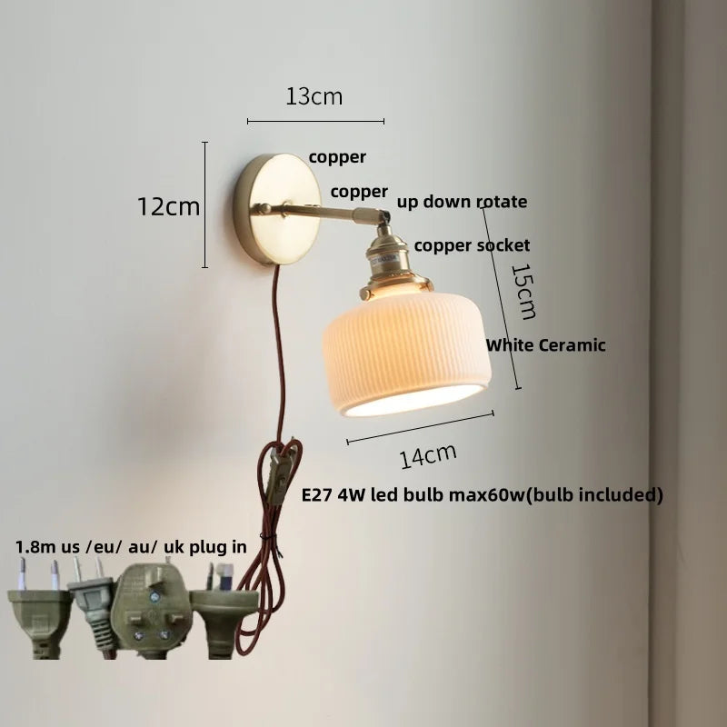 Ceramic Copper LED Wall Sconce Pull Chain Switch Reading Room Bedside Lamp