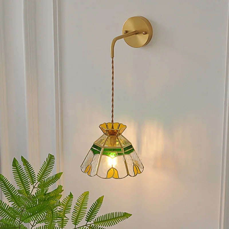 Glass LED Wall Light Fixture with Adjustable Wire, Pull Chain Switch for Bedroom, Coffee Shop