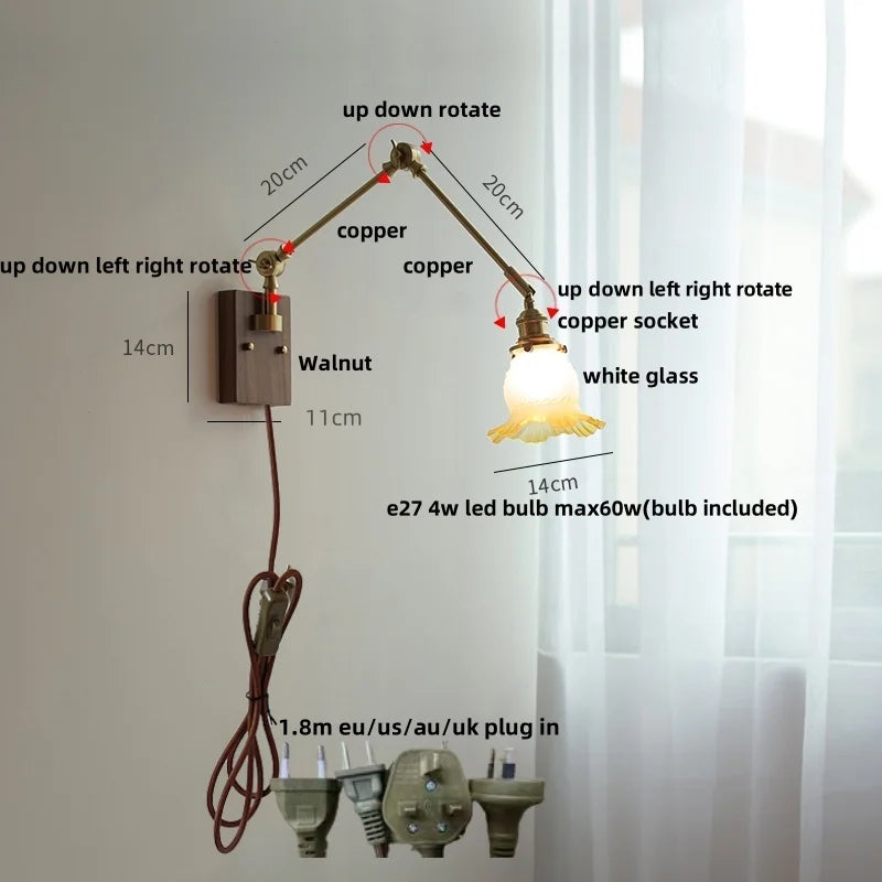 Yellow Glass LED Wall Sconce Walnut Wood Bedside Lamp