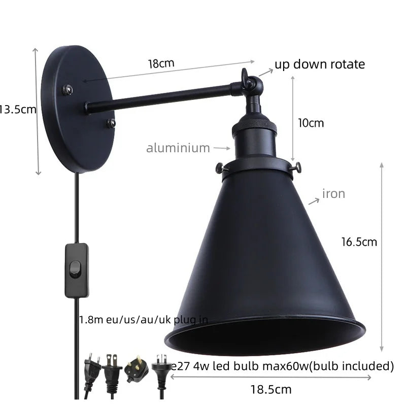 Vintage LED Pull Chain Wall Lights, Industrial Retro Iron Aisle Bedside Lamp