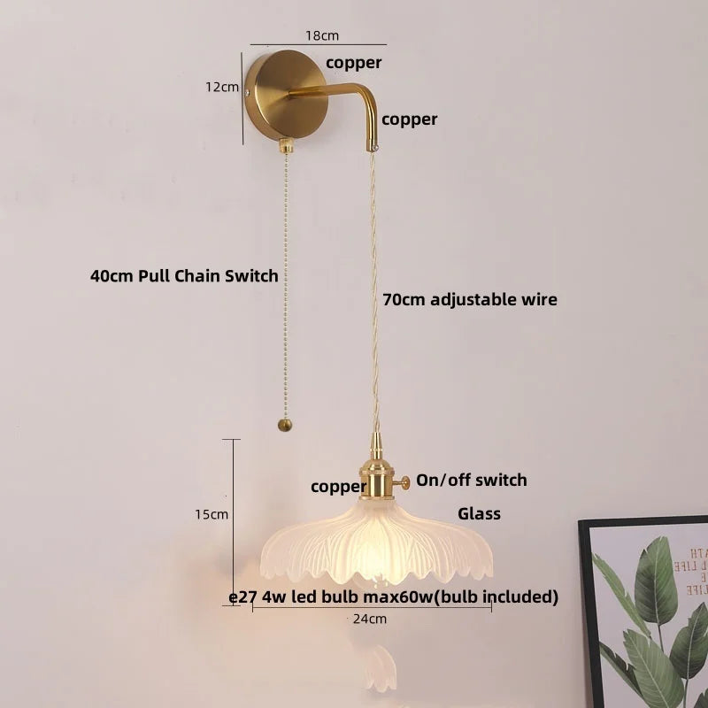Copper LED Glass Wall Sconce with Pull Chain Switch for Living Dining Room