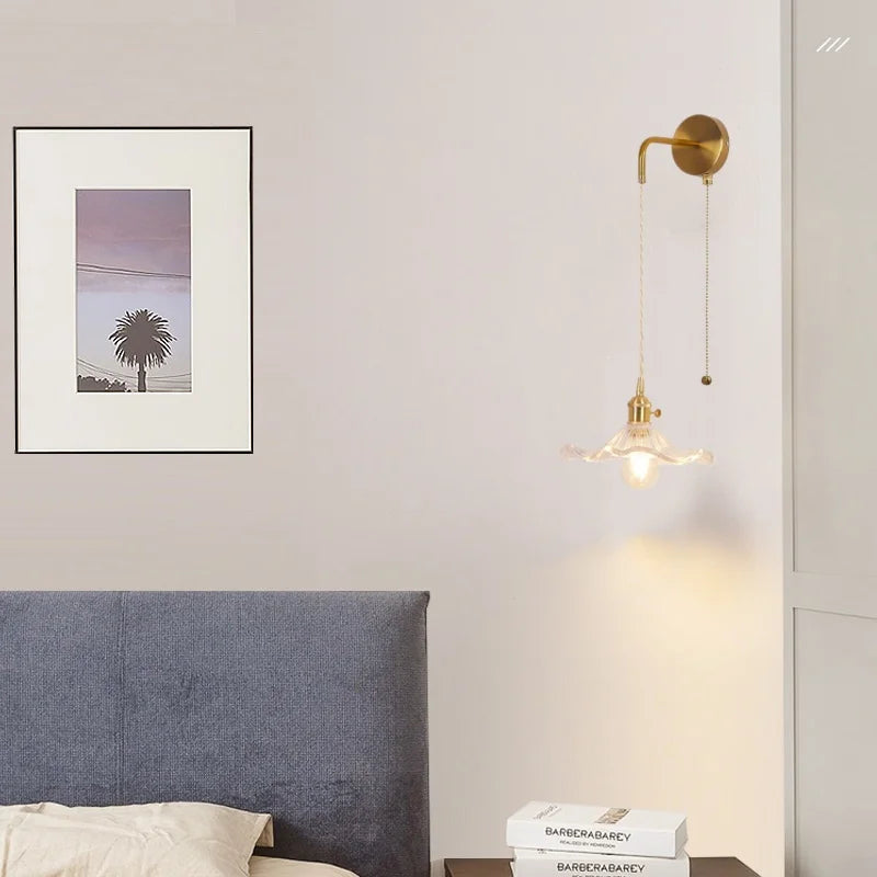 Copper LED Glass Wall Sconce with Pull Chain Switch for Living Dining Room