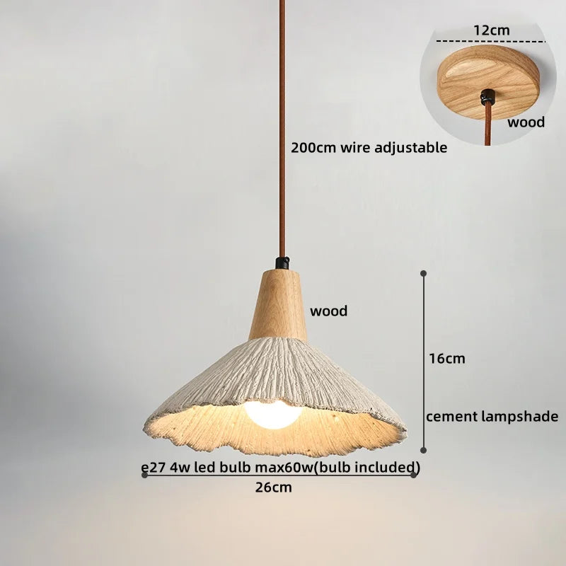 Wood Cement LED Pendant Light Fixture Adjustable Hanging Lamp