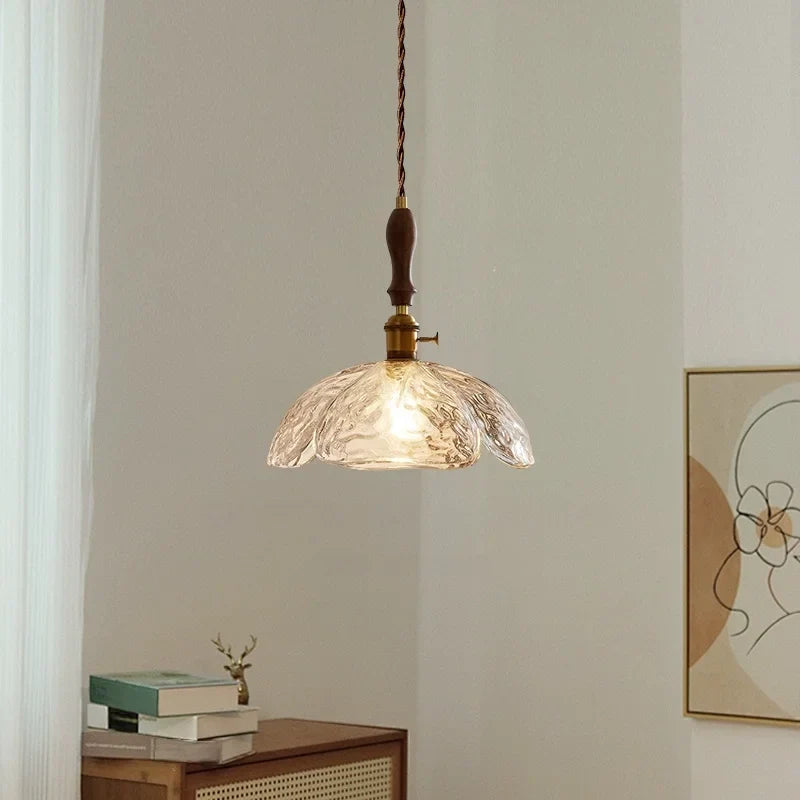 Glass LED Pendant Light Modern Wood Copper Hanglamp for Bar Cafe Loft