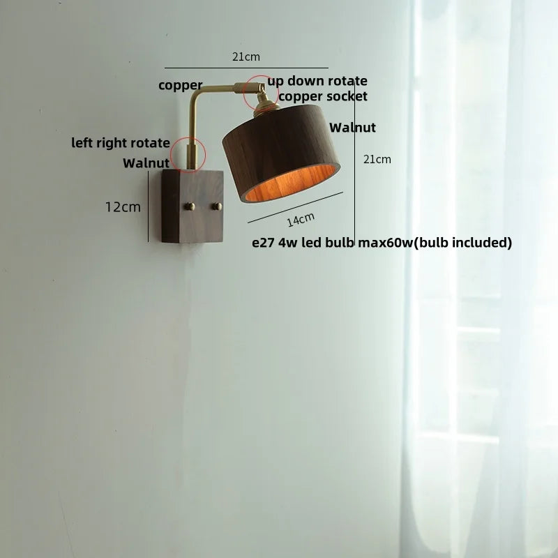 Walnut Wood LED Wall Sconce, Copper Toggle Switch, Vintage Loft Style