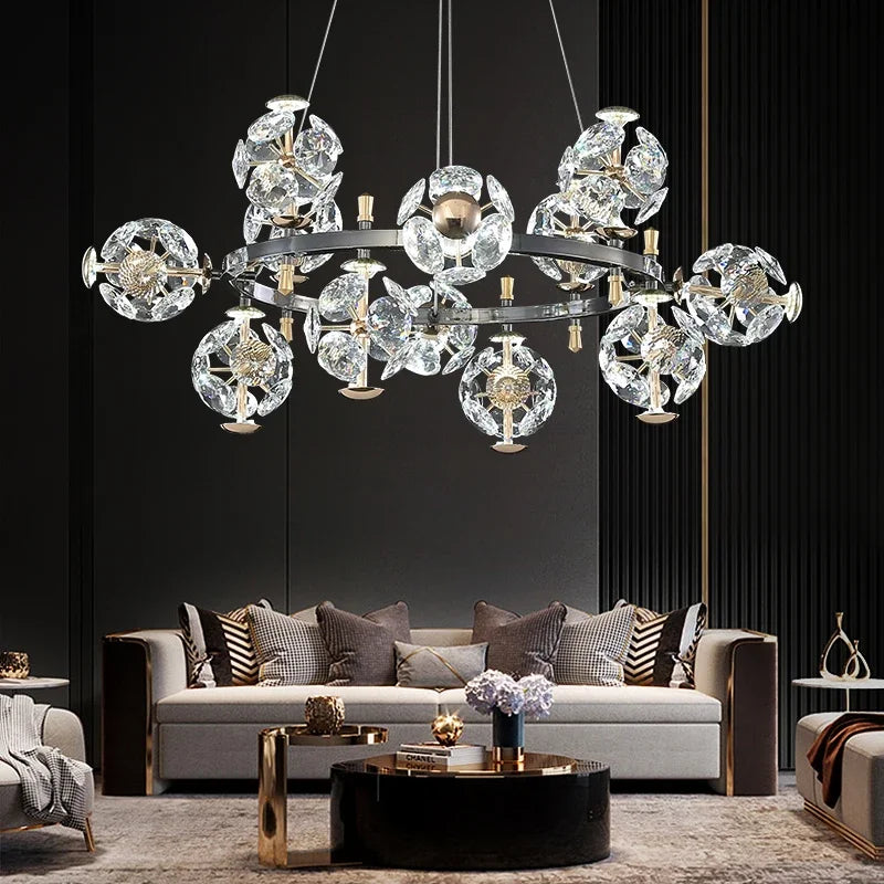 Sunflower Crystal Chandelier: Luxury Gold & Black LED Pendant Light