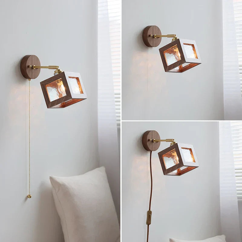 Clear Glass LED Wall Light Fixture Walnut Wood Pull Chain Switch Nordic Modern Wall Lamp