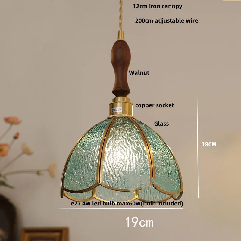 Walnut Wood LED Pendant Lamp with Cyan Glass Shade