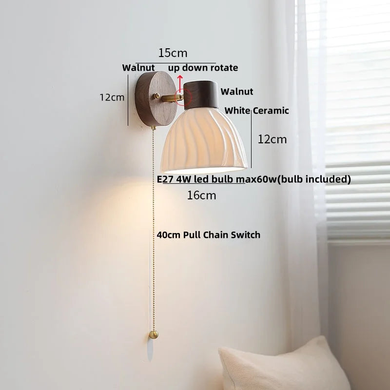 White Ceramic Wood LED Wall Light Fixture Pull Chain Switch Bedside Lamp