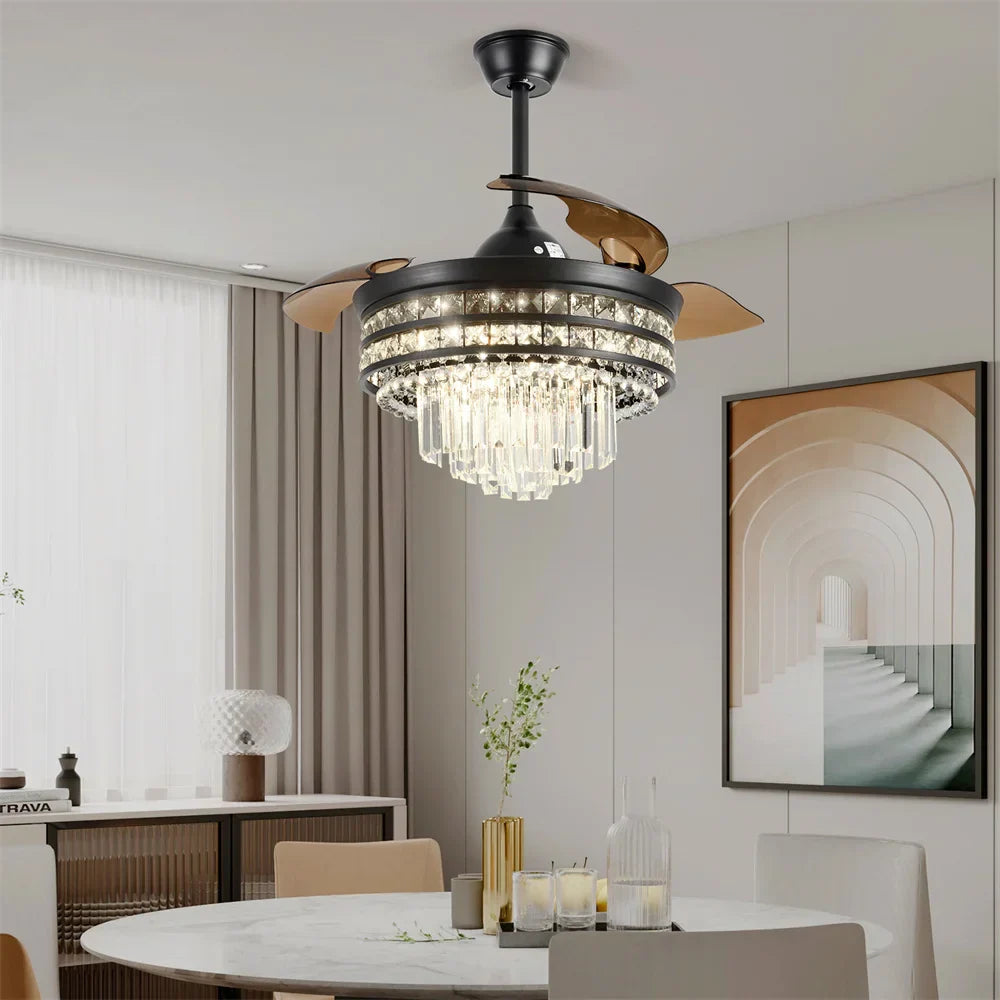 Crystal Fandelier Ceiling Fan with Retractable Chandelier & Invisible Blades